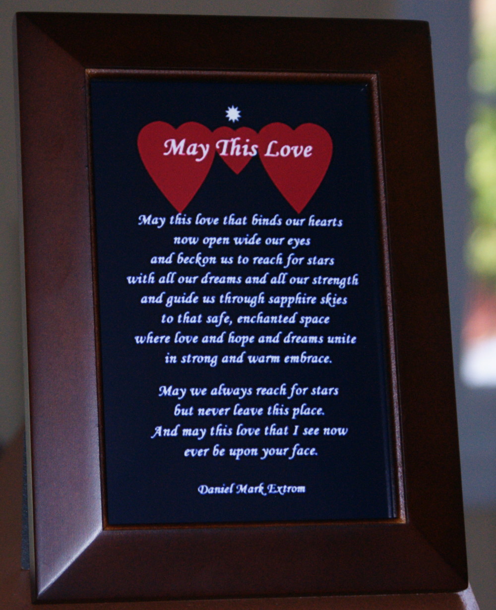 May This Love. Long Version 4x6 inches. Blue Background. Brown Frame.